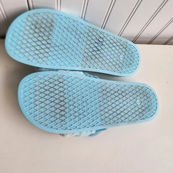 Victorias Secret Slides Sandals Aqua Blue Stripe Fur Fuzzy Slip Open Toe L 9/ 10 - Picture 6 of 7